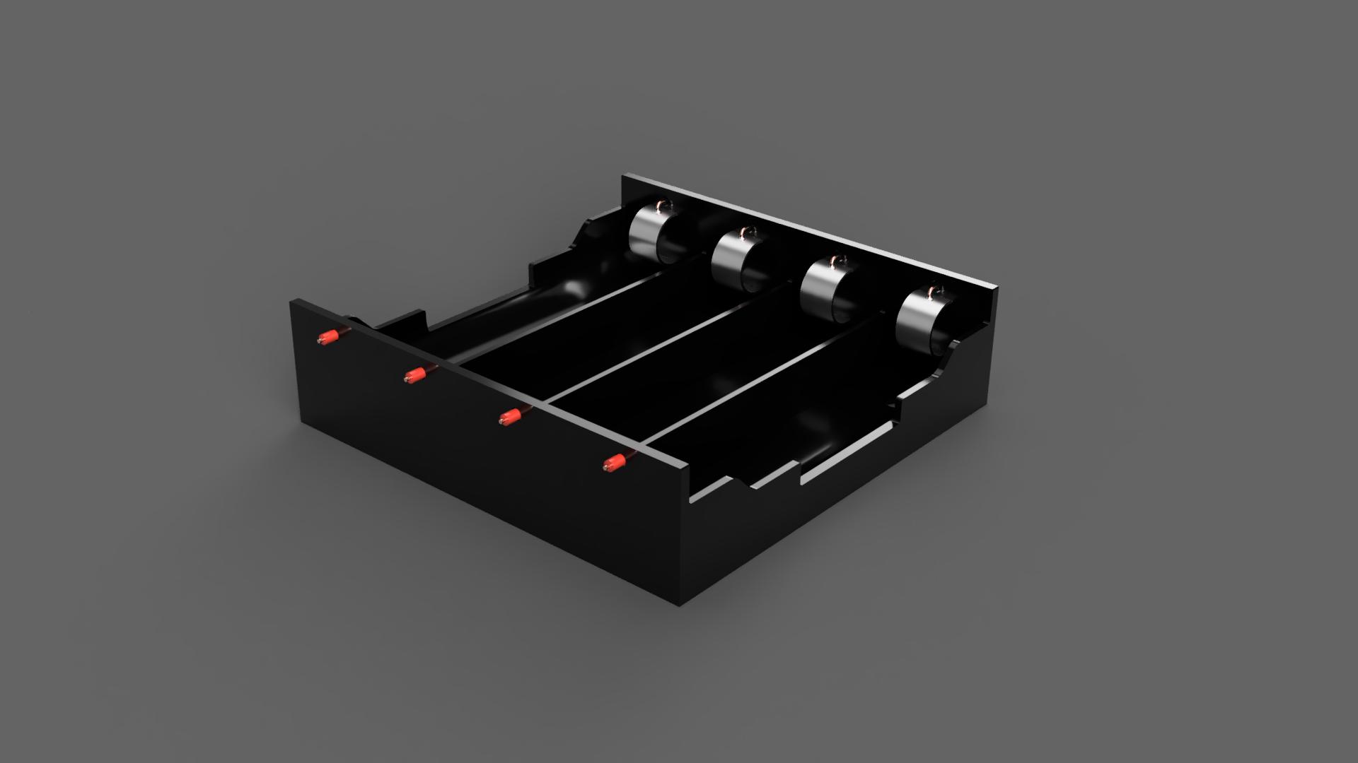 4 x 18650电池座。每个电池槽的单独导线，通常用于并联电池。带有M3（或#4）低头螺钉的安装支架孔。电池通过弹簧钢触点固定和接触